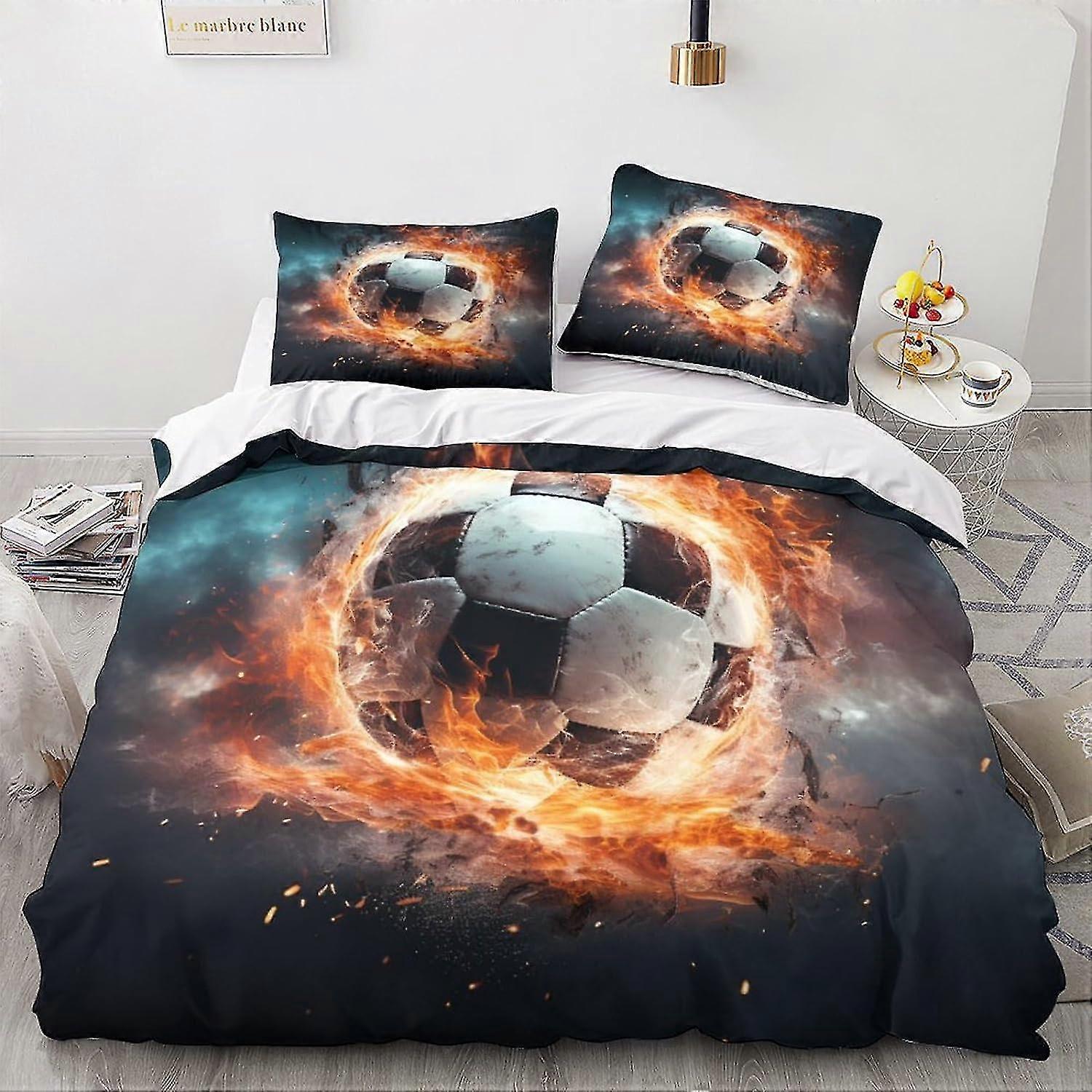 Conjunto de capa de edredom esportivo 3D com roupa de cama impressa com padrão de futebol, capa de edredom macia com fecho de zíper, 3 peças