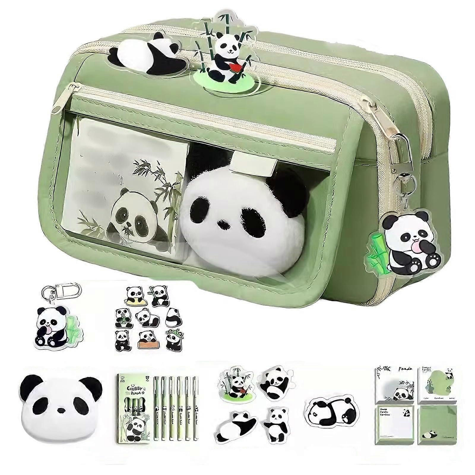 Panda Pencil Case Large Capacity Multi Layer Zipper Stationery Case With Stickers For School Children Cute