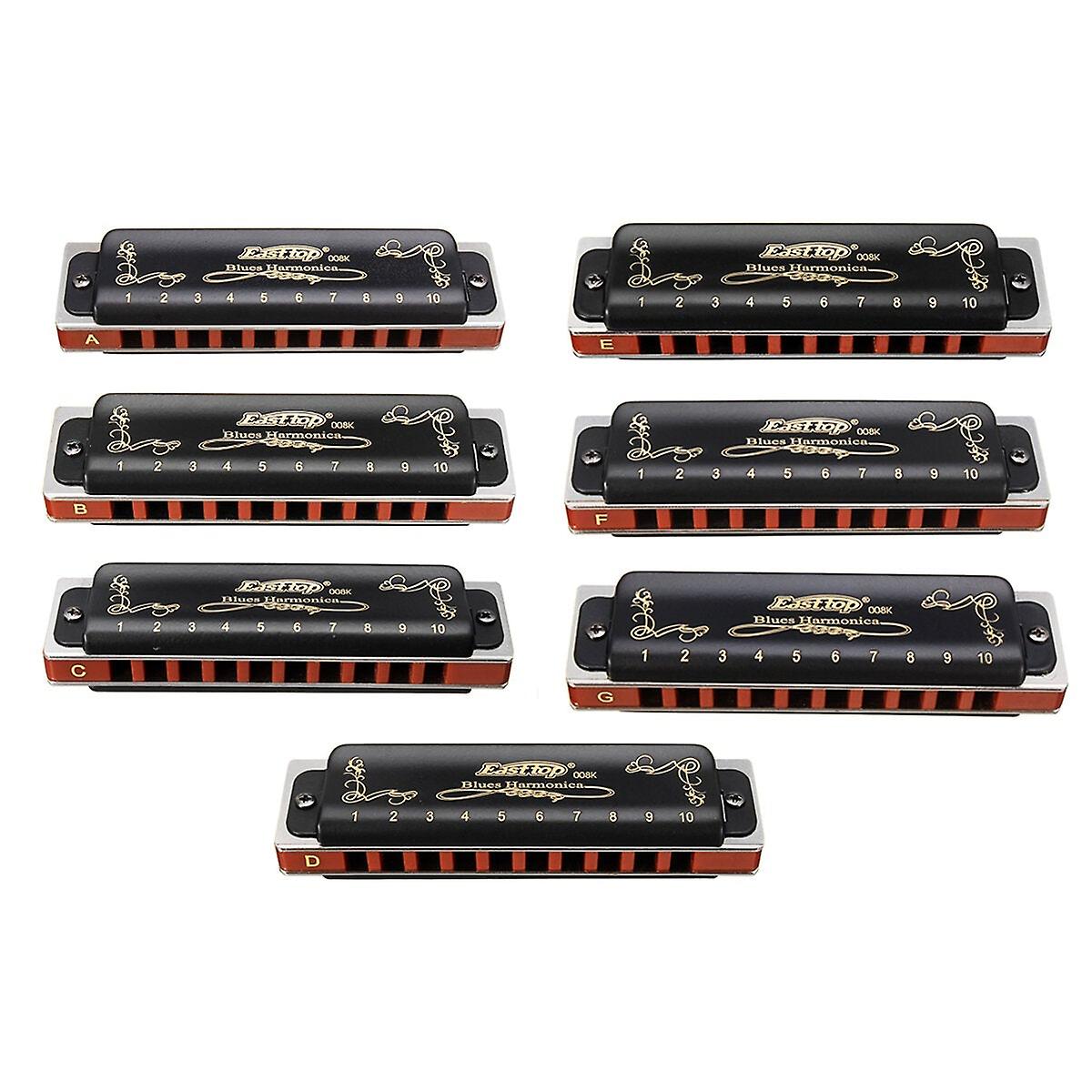 7Pcs 10 trous Blues Harmonica A B C D E F G Clé