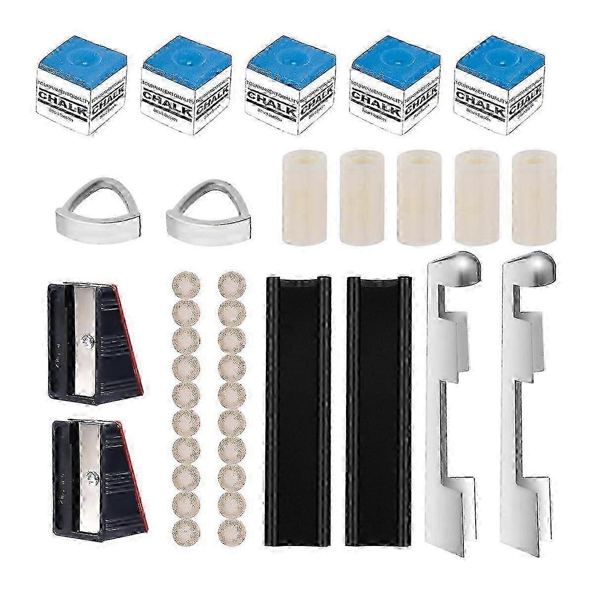 Billiard Cue Repair Kit, 2 Cue Tip Clamps 20 Cue Tips 2 Shapers 5 Chalk Square 5 Ferrules 2 Cue Tip Planers Repair Part JP
