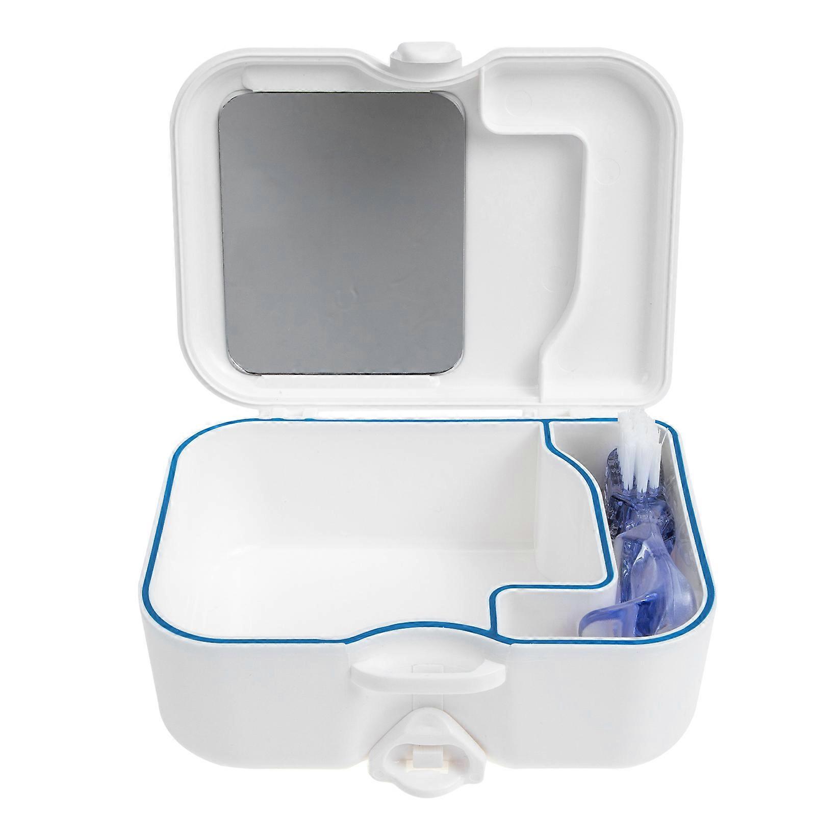 Denture Storage Box with Mirror and Cleaning Function for Home and Travel 2pcs