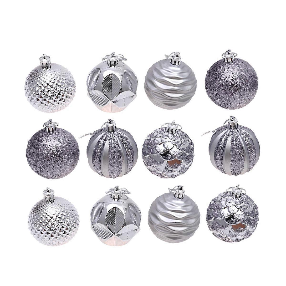 קישוטי תליית עץ כדור חג המולד כסף 6 ס"מ חומר PVC בצורה עגולה לעונת החגים מקורה חיצוני 12 יחידות