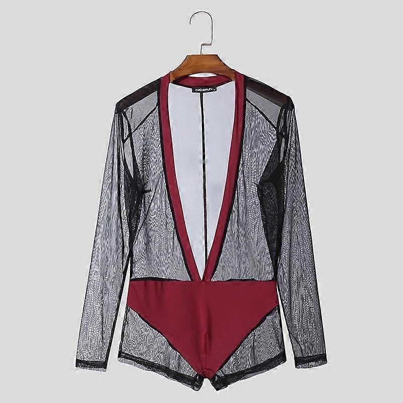 INCERUN Men Deep V Neck Mesh Sheer Patchwork See Through Jumpsuits Rompers