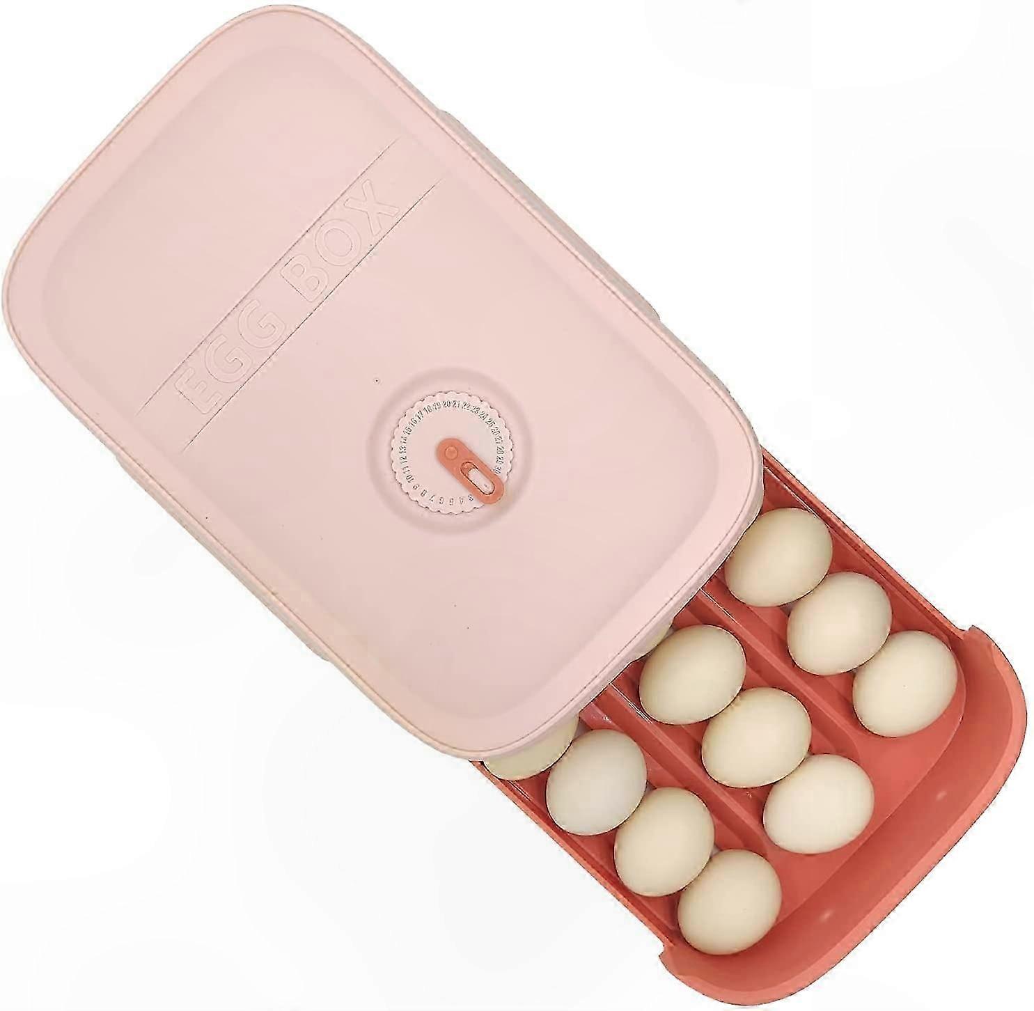 Stackable Plastic Egg Storage Rack for Kitchen Countertop, Holds 18-21 Eggs, Pink Drawer-Style Organizer Container
