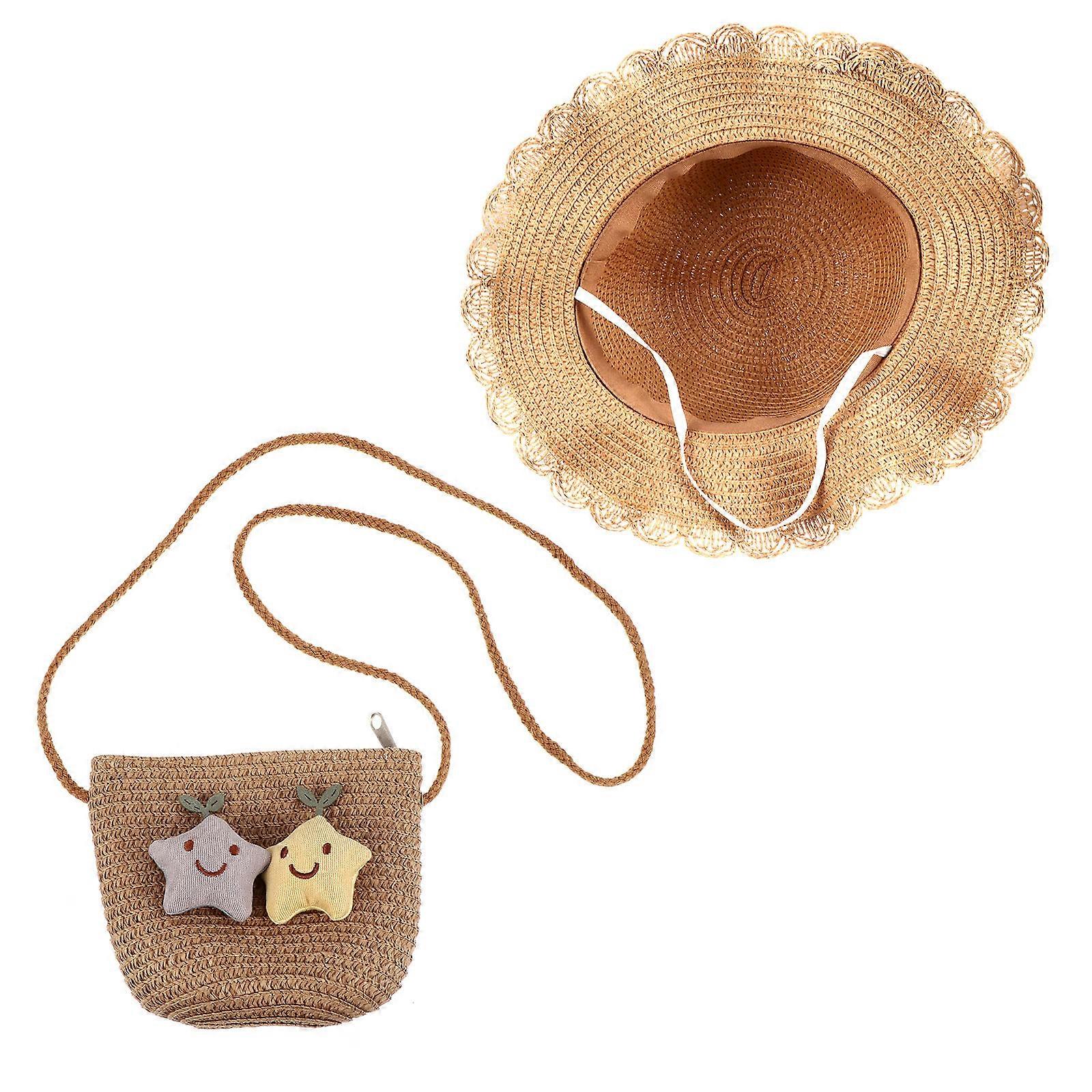 Beach Style Straw Handbag And Fisherman Hat Set For Little Girls In Summer Khaki With Windproof Features 2Pack
