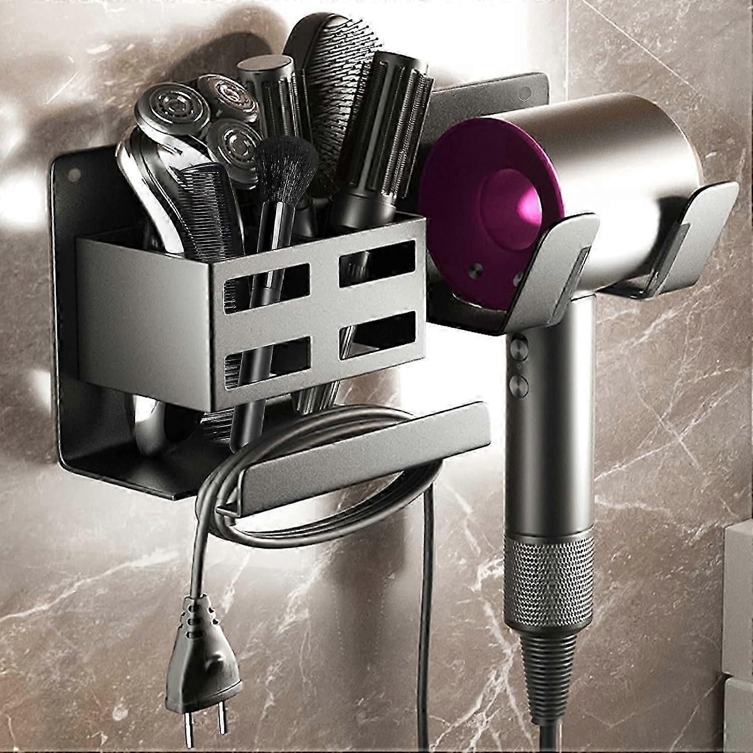 Piece Black Hair Dryer Holder, No Drilling Hair Dryer Holder with Cable Management, Wall Mounted Hair Dryer Holder for Bedroom Hotel Bathroom Storage