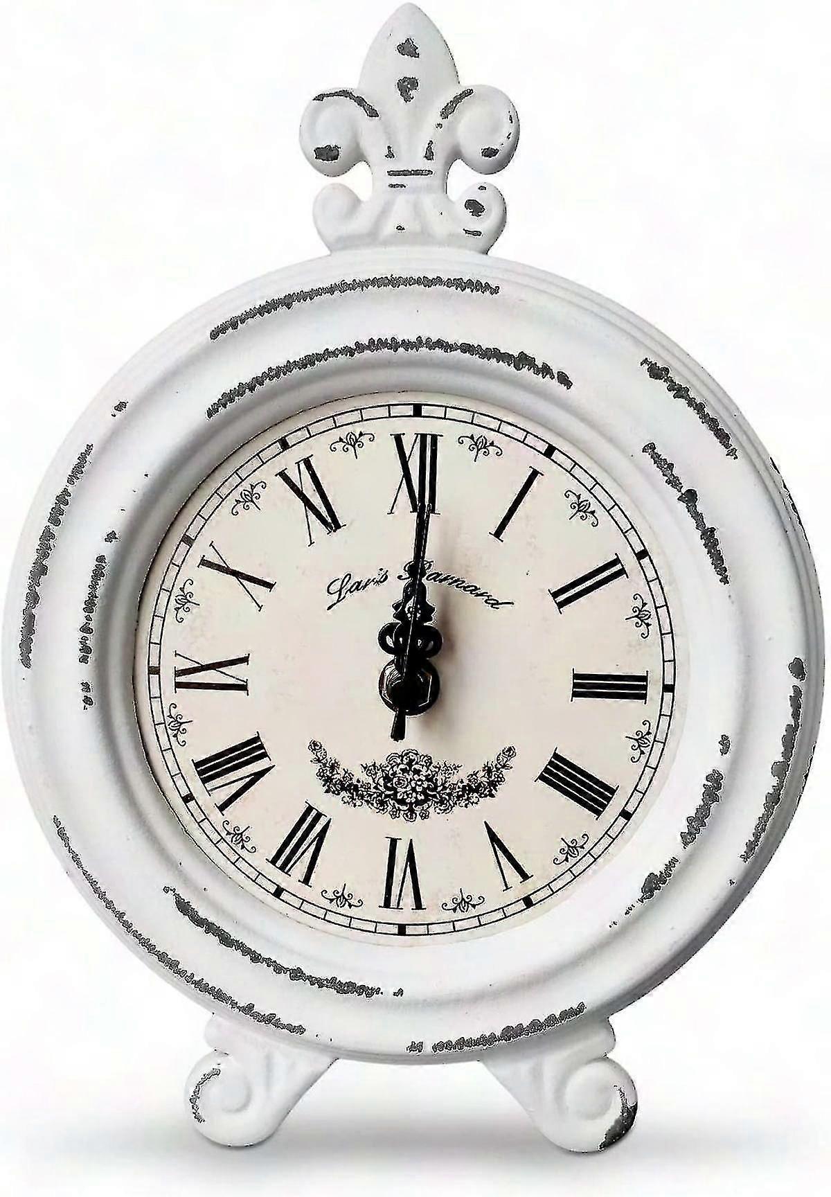 Vintage White Desk Clock | Rustic Table Clock with Stand | Mantel Clock for Living Room Decor