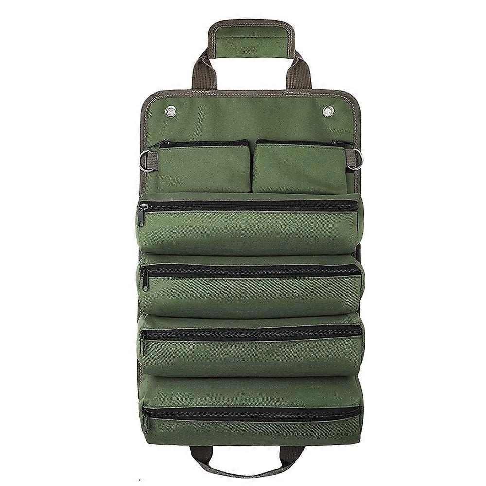 Portable Tool Storage Organizer Roll Up Bag with Detachable Pouches for Electrician Mechanic Green