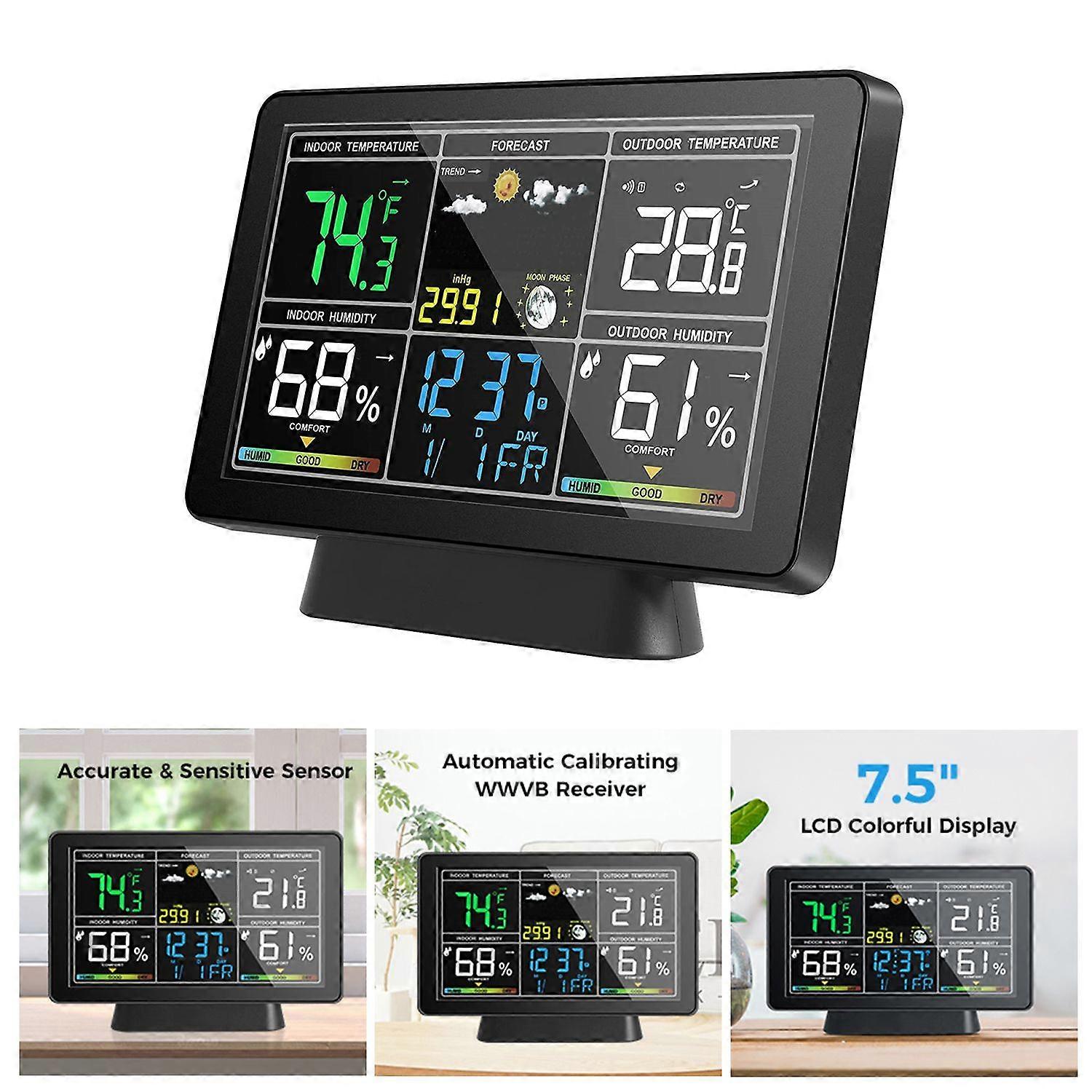 Color Screen Smart Weather Station, Temperature and Humidity Meter Weather Clock with Moon Phase Display, Atmospheric Pressure Display, Radio Time Aut
