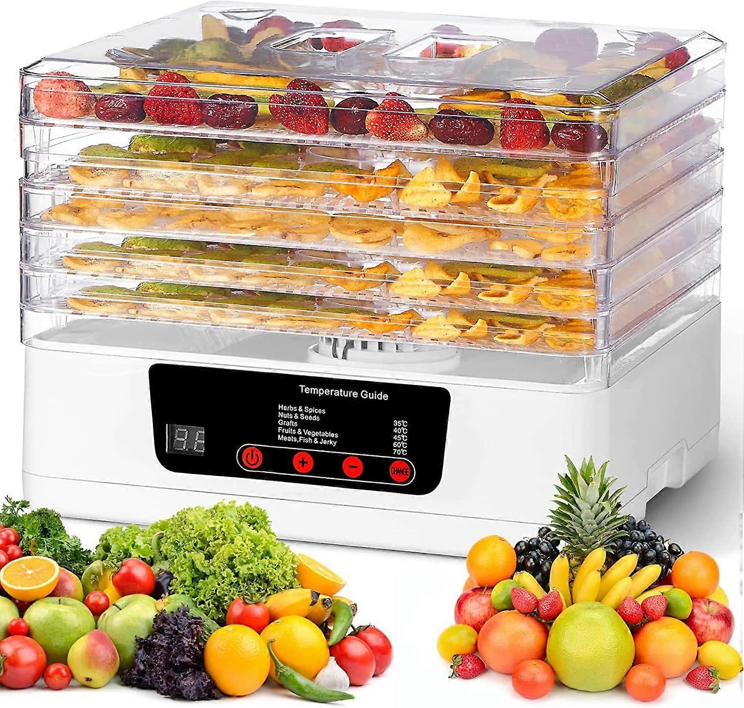 Food Dehydrator 5 Tray With Adjustable Temperature And Timer For Drying Fruit Vegetables Meat And Jerky White