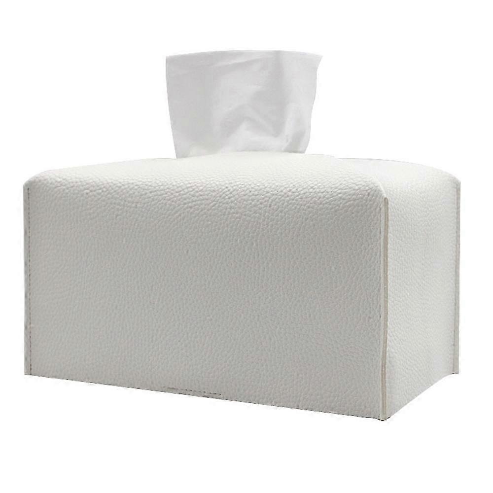 Modern Leather Rectangular Tissue Box Cover for Vanity, Nightstand, Office Desk - White