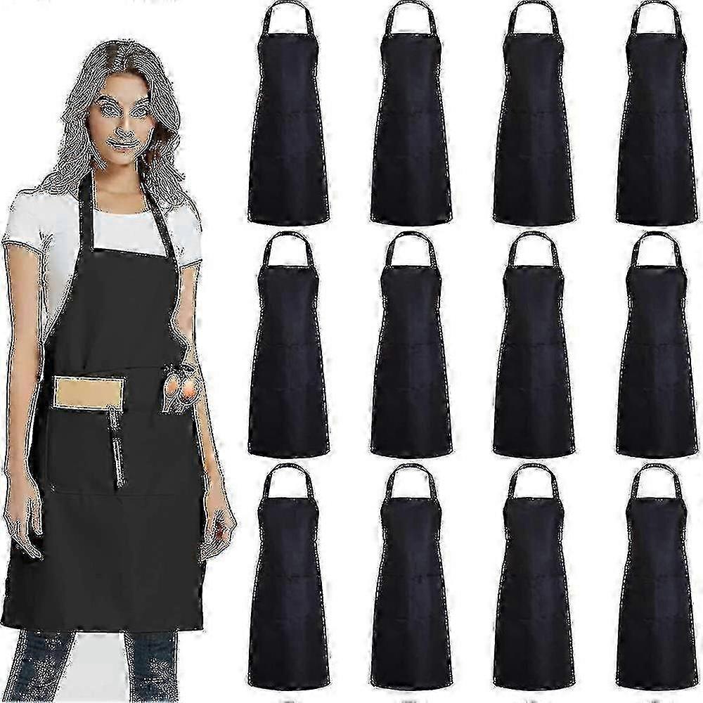 Bulk Set of 12 Black Unisex Bib Aprons with Two Pockets