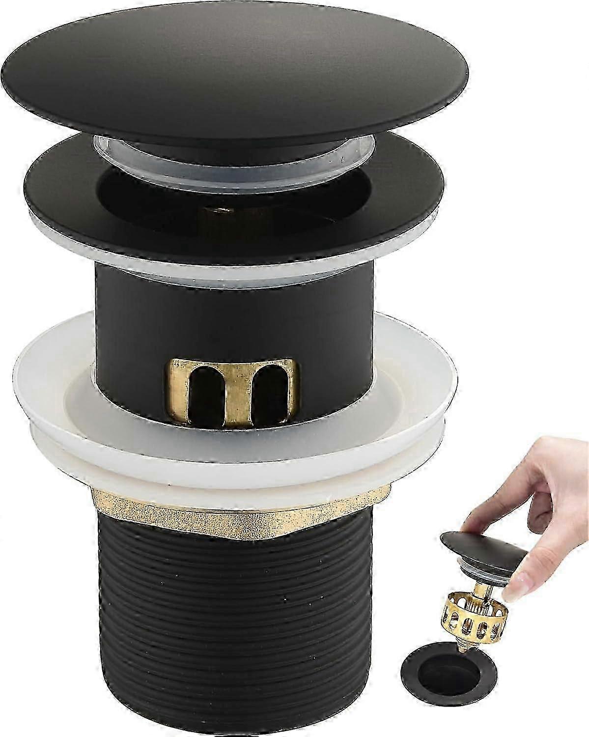 Pop Up Sink Drain, Sink Drain with Overflow, Drain Stopper with Strainer Basket, Bathroom Sink Drain with 1/4" Hole, Black, Silver