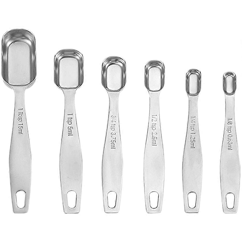 Cooking Baking Measuring Spoons 6-Piece Set For Kitchen Silver Hooked Tail Easy Storage and Versatile Usage