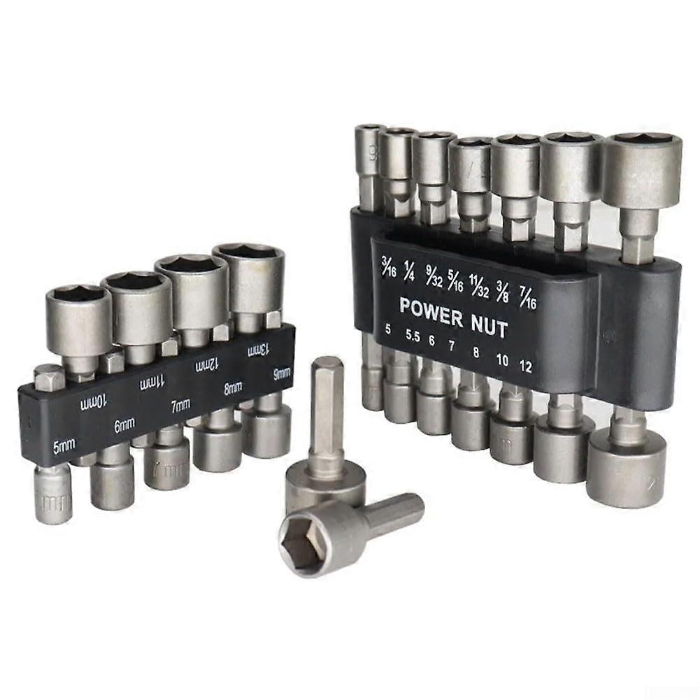Socket Wrench Drill Nut Driver 14Inch Hexagonal Shank Adapter, Chrome Vanadium Steel, 14Piece Set