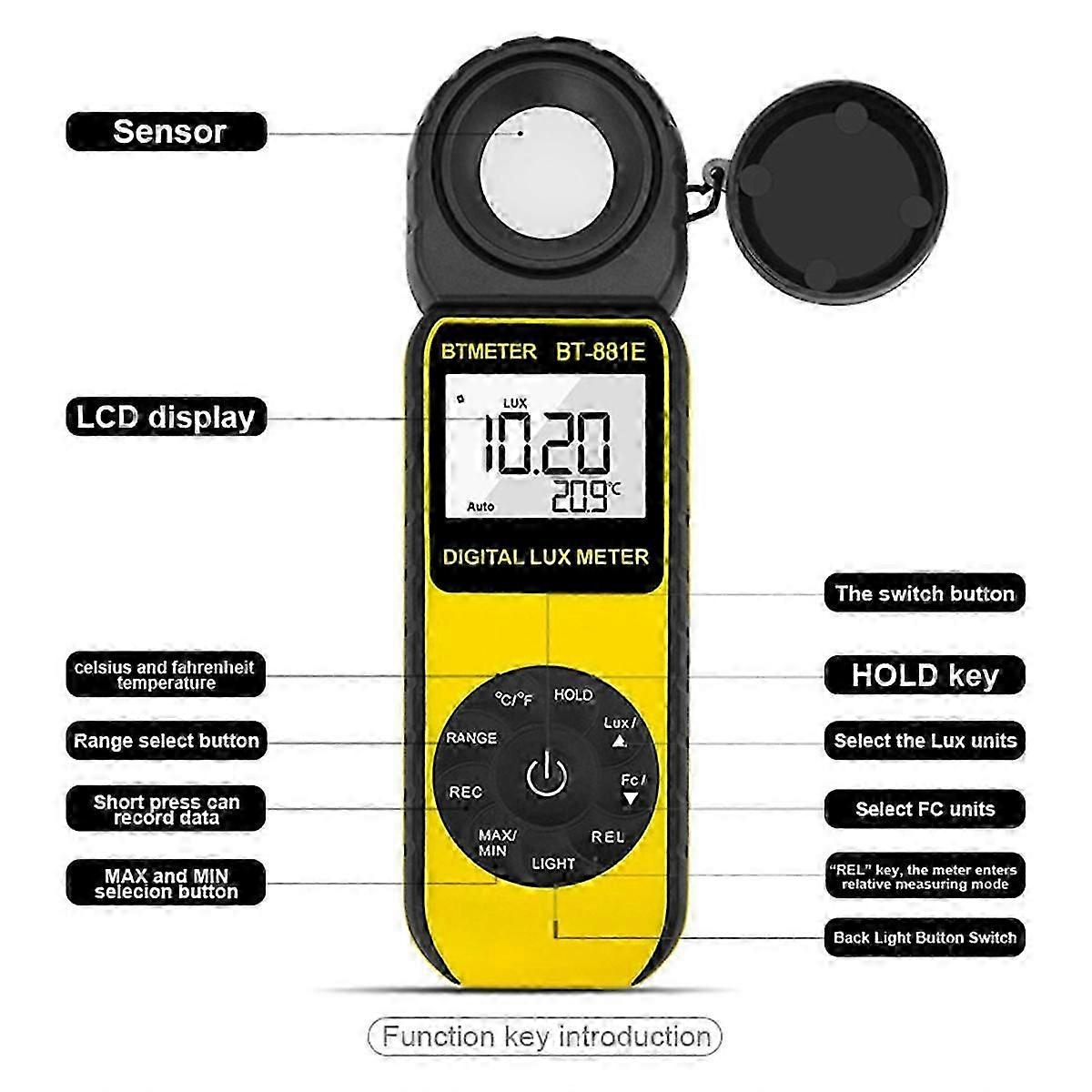 Digital Lux Meter BT-881E Handheld Light Meter 1 - 300,000Lux Sensor with LCD Display for Light Inte