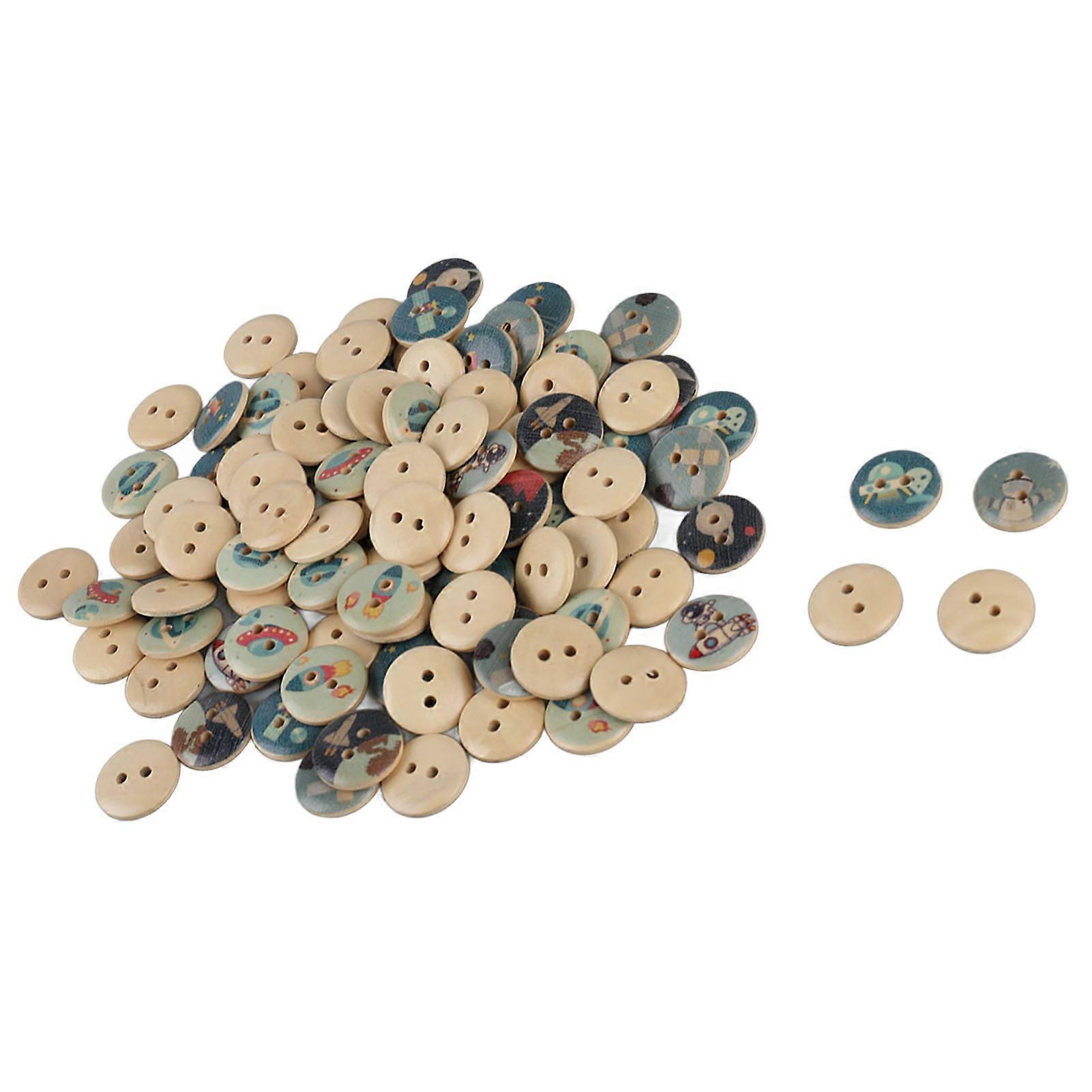 100pcs Mixed Printing Wooden Buttons 2 Holes Round Decorative Wooden Buttons for Sewing Craft Log Color Space 