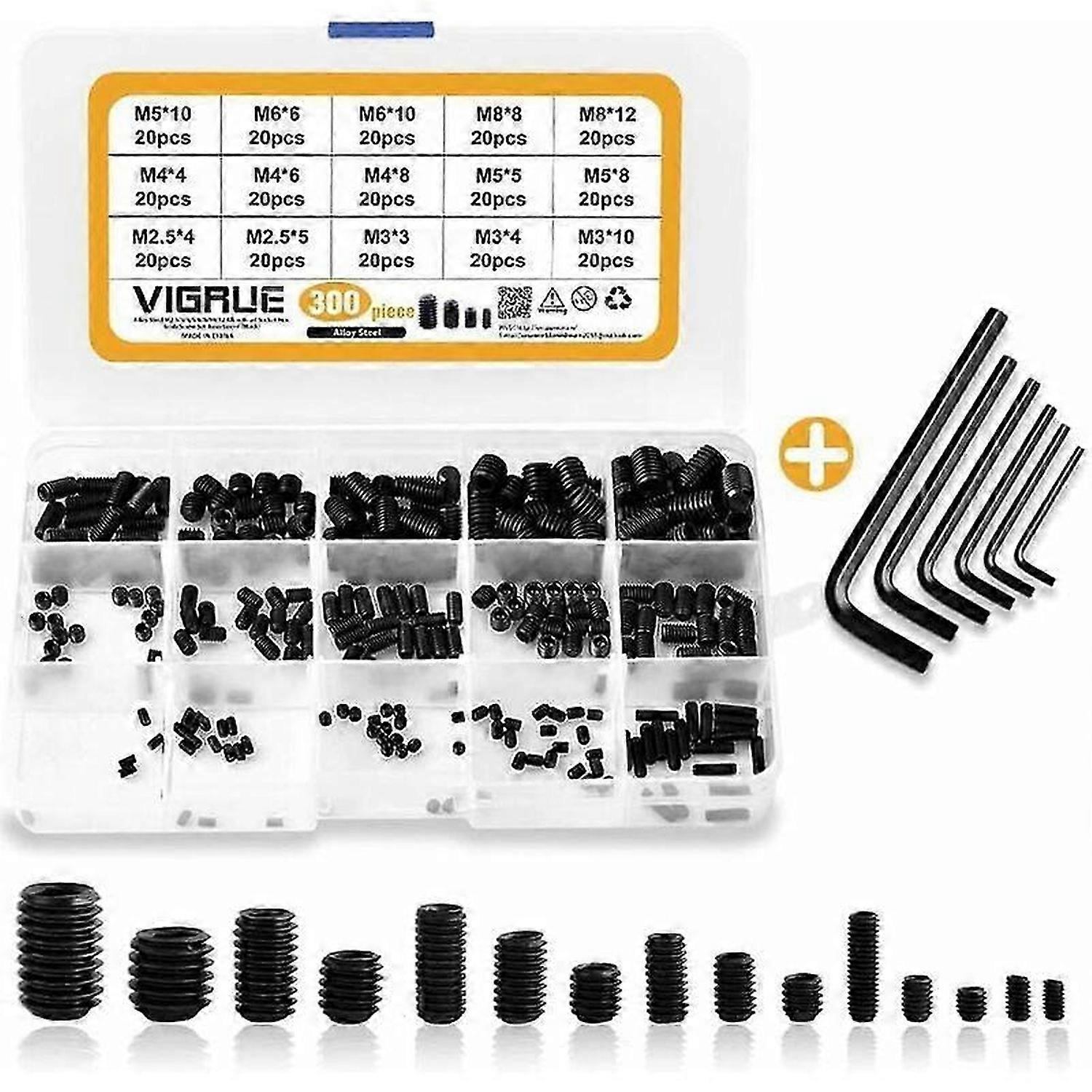 300PCS Kit M2.5 M3 M4 M5 M6 M8 Hexagonal Grub Screws, Set Assortment Kit Stainless Steel Hex Socket Set Screws with Internal Hex Drive