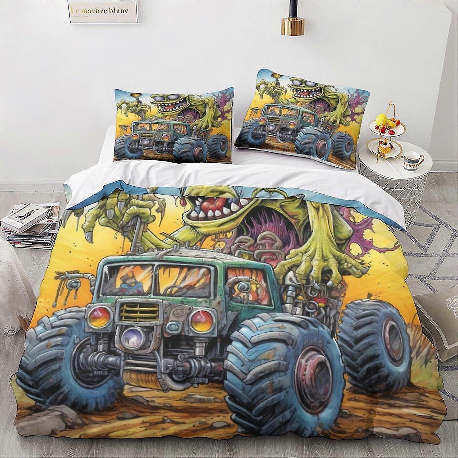 LikeEj 3D impresso monstro jogo de cama para adolescentes vintage carro padrão edredom capa com fronhas desenhos animados capa de microfibra com zíper closur