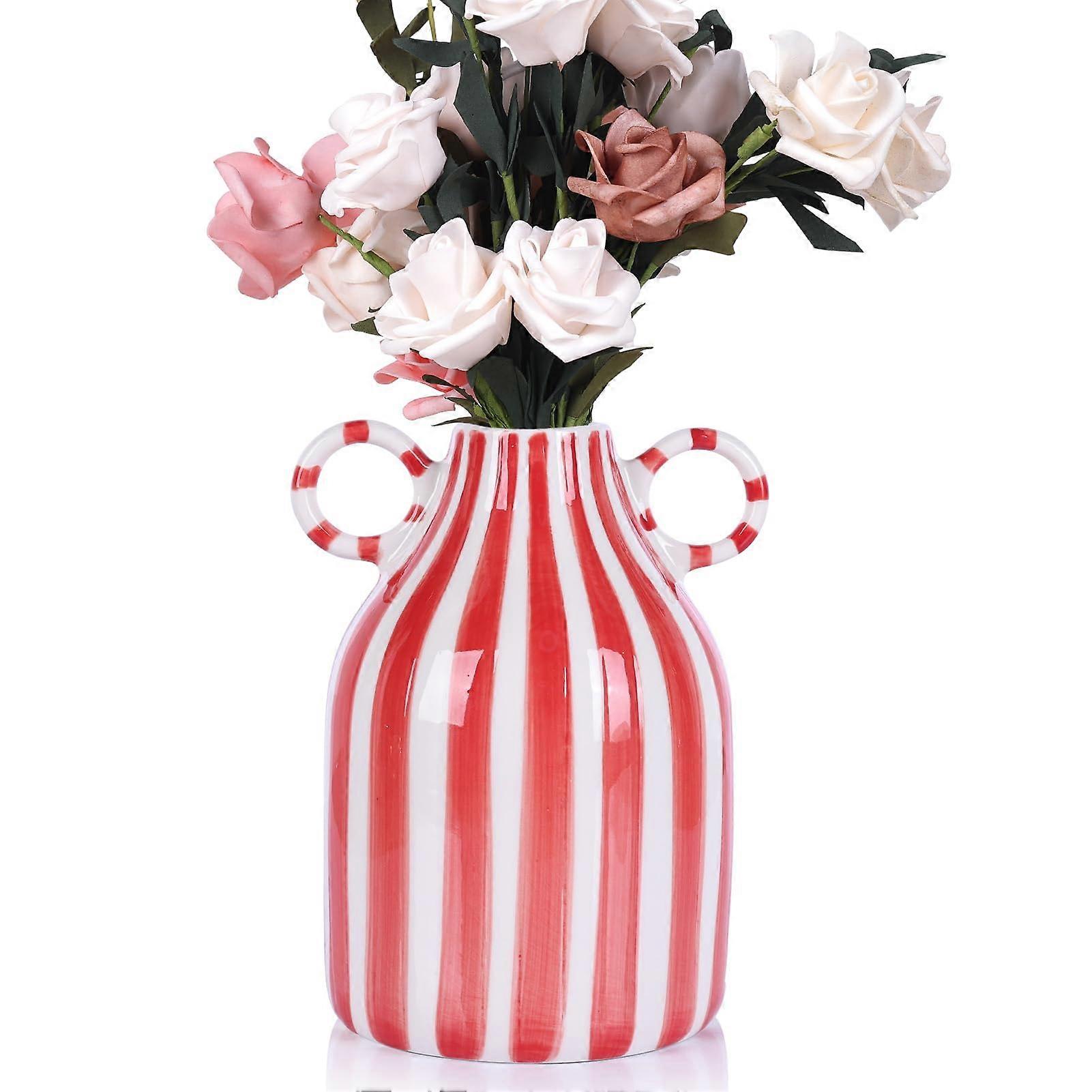 Ceramic Red and White Striped Vase with Handle for Christmas Table Centerpieces and Home Decor