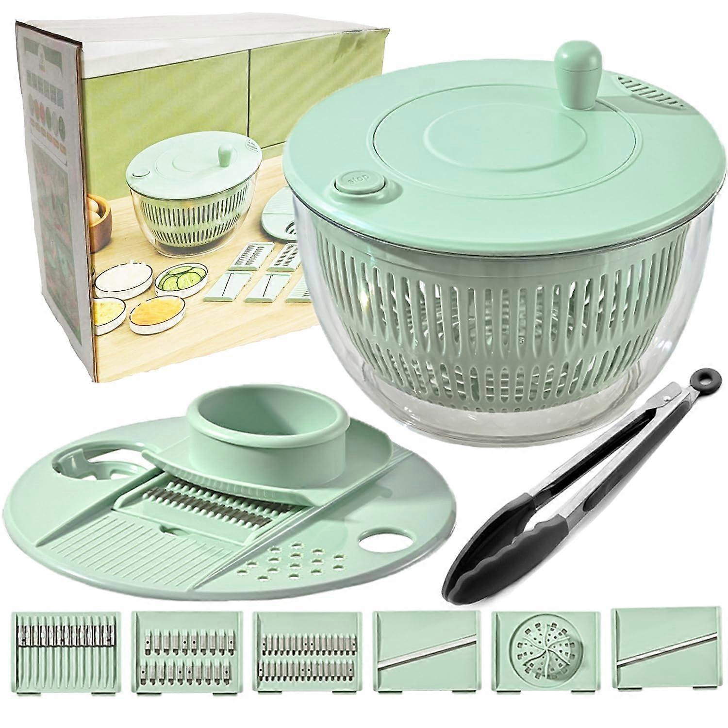 5 in 1 Salad Spinner and Vegetable Chopper Set, Large Capacity Bowl with 5 Blades and Tongs