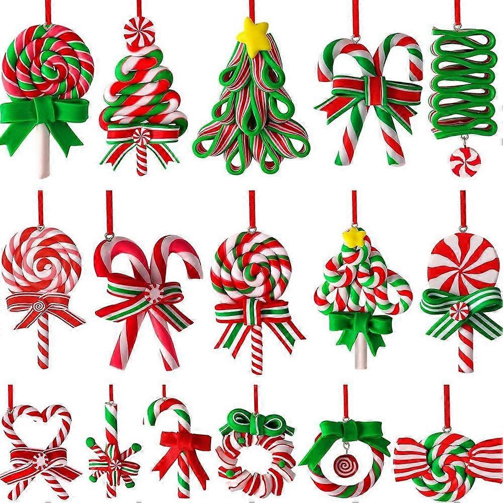 16/32Pcs Christmas Lollipop Ornaments Colorful Wood Candy Cane Hanging Decoration Polymer Clay Peppermint Pendants For Xmas Tree