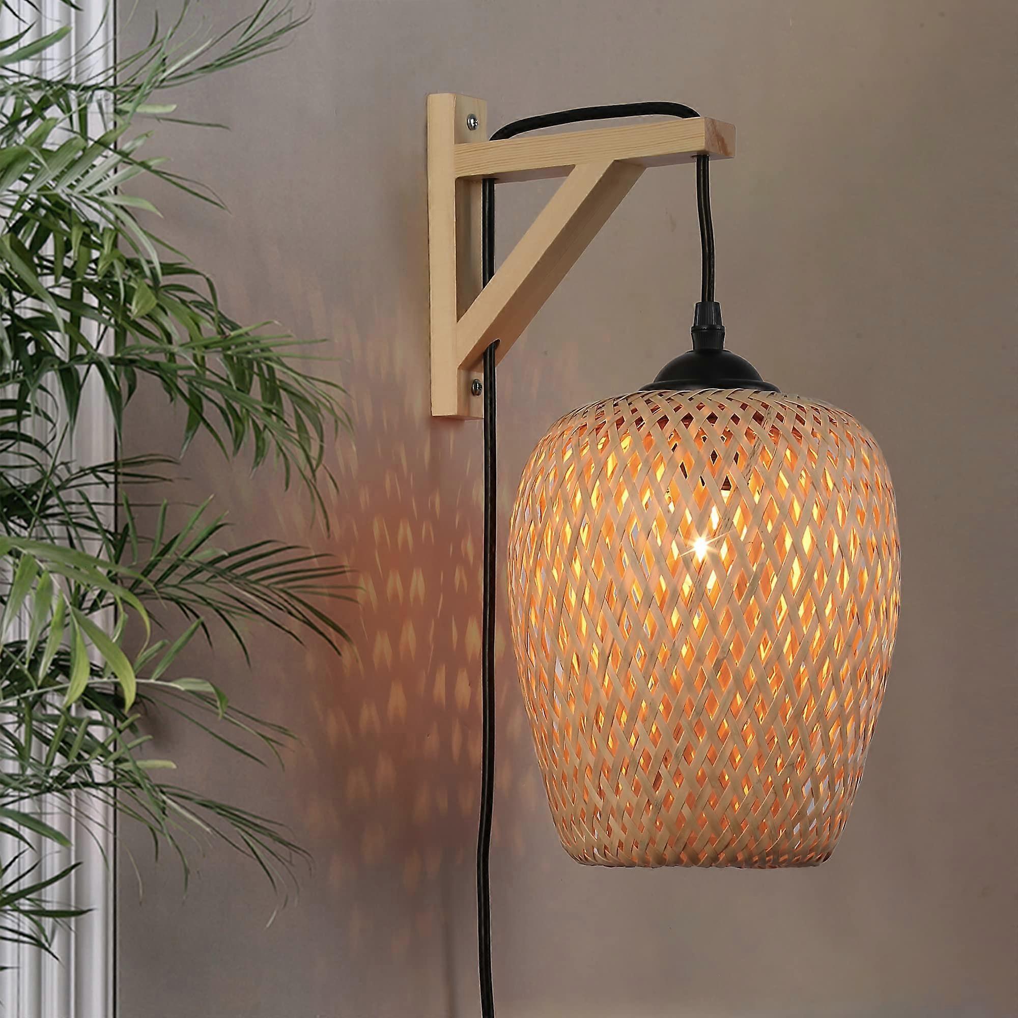 Bamboo Wall Sconce with Switch, Adjustable Rattan Light Fixture, Boho Plugin Lamp for Living Room