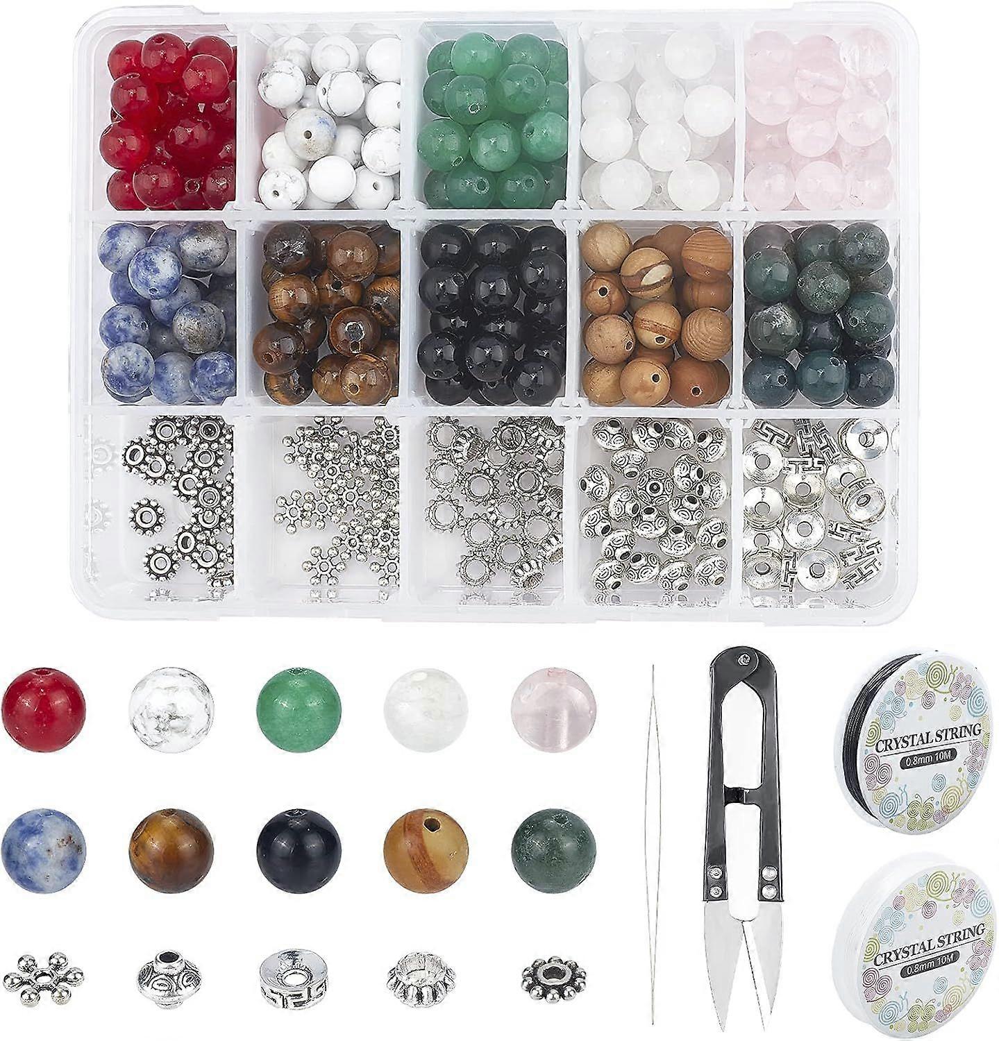 1 Box 350Pcs+ Stone Beads Box Set Kits 10 Material 8mm Gemstone Round Beads 5 Styles Alloy Spacer Beads Thread Scissors for DIY Bracelet Jewelry Makin