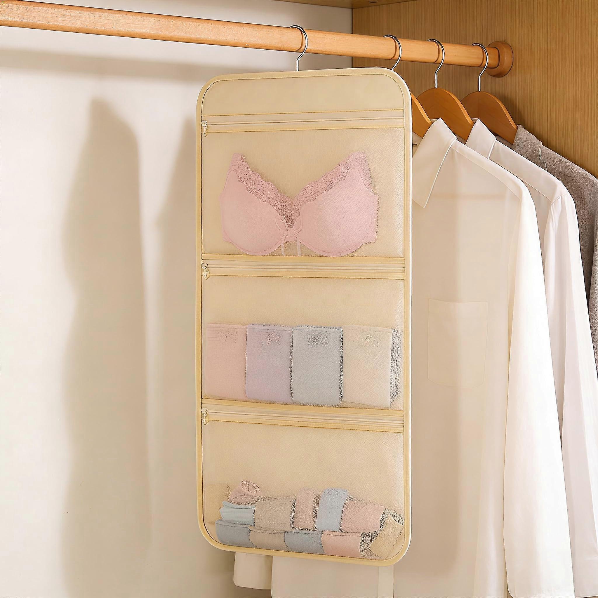 Hanging Closet Organizer with Multi Layer Mesh Pockets, Over Door Storage for Bra, Underwear, Socks, Toiletries, Beige 2Pack