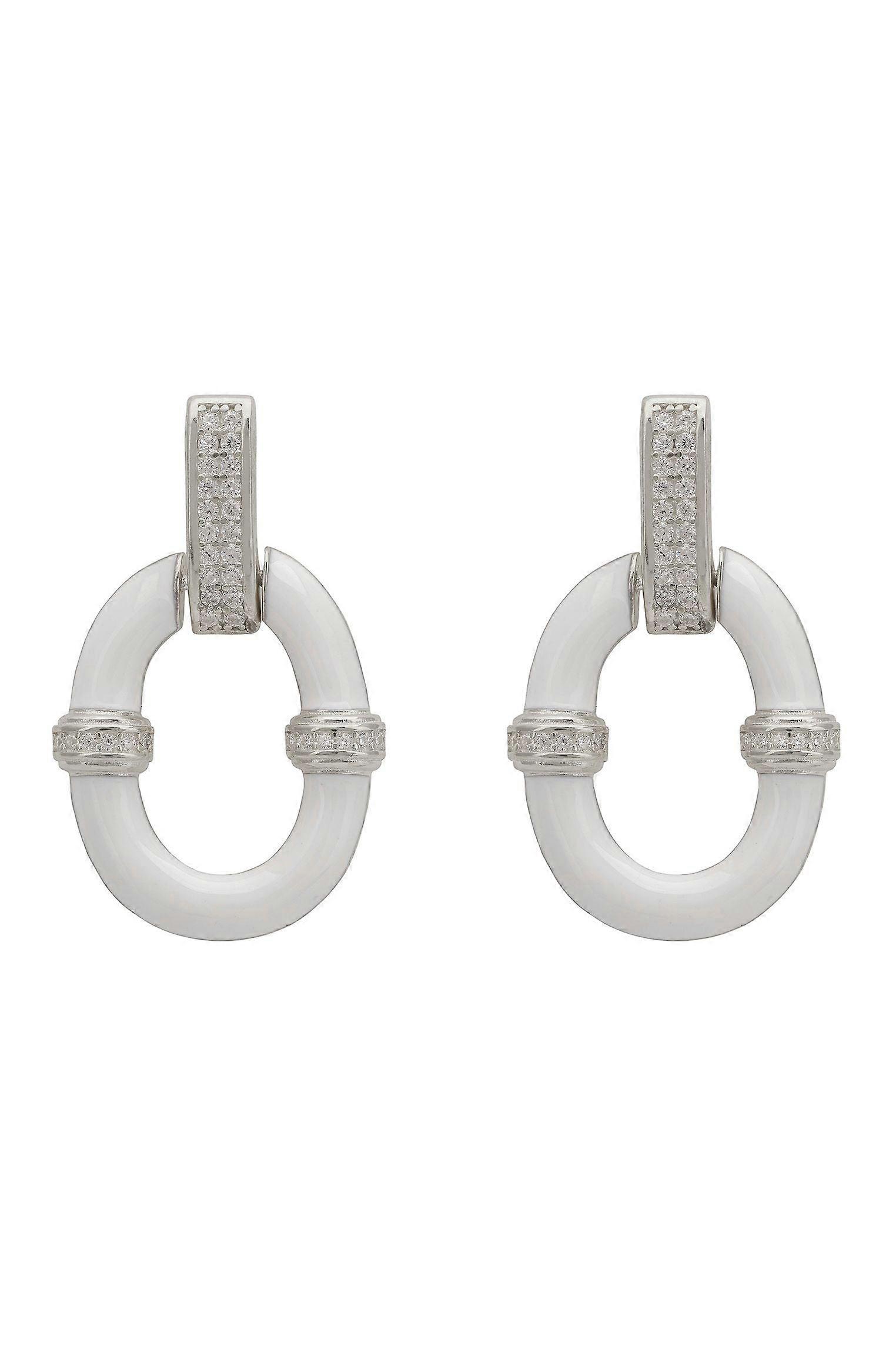 White Enamel Oval Drop Earrings Silver