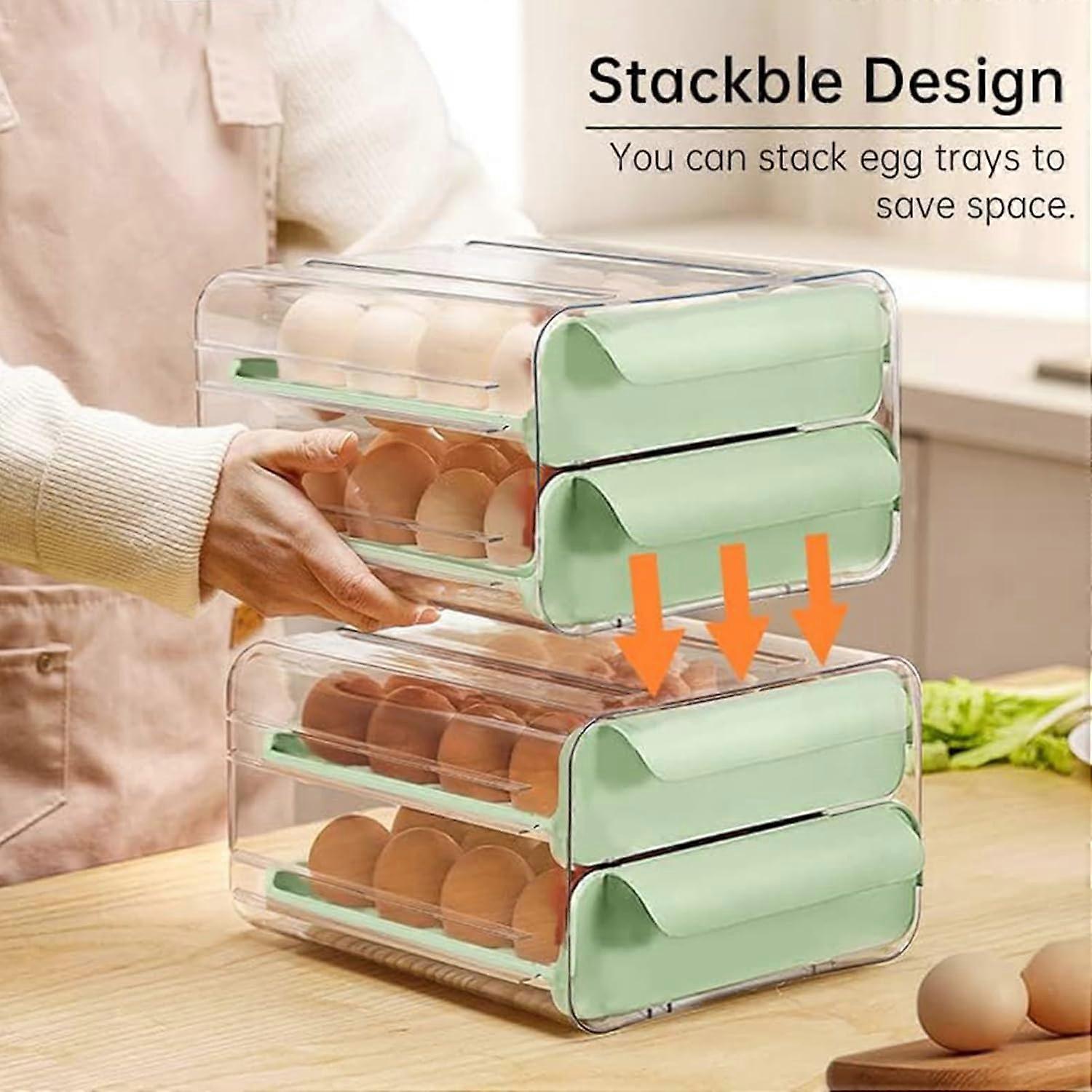 Egg Storage Container, 2 Layer Stackable Egg Organizer with Large Capacity Slide Drawer for Refrigerator