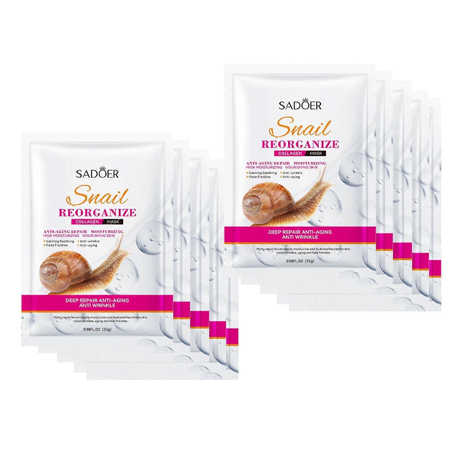 10 Sheets Korean Snail Face Mask with Collagen  Deep Hydrating and Elasticity Support Pack
