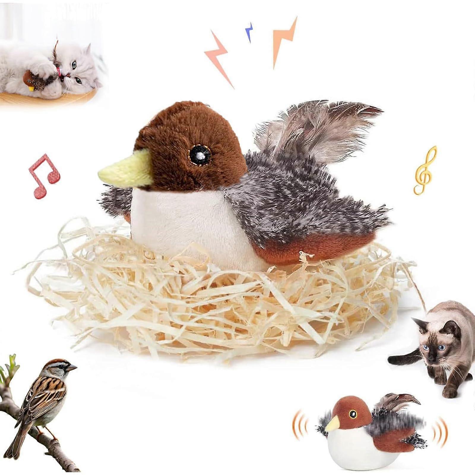 Interactive Chirping Bird Cat Toy with Flapping Wings, Plush Sparrow for Indoor Hunting Training