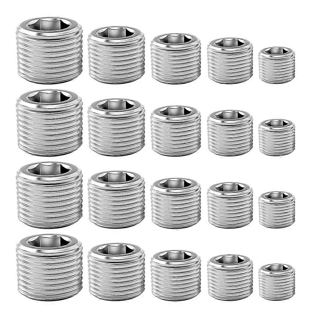 20 Pcs Pipe Plug Fitting,1/8 1/4 3/8 1/2 3/4In NPT Male Internal Hex Thread Socket Pipe Plug Fitting Assortment Kit,B