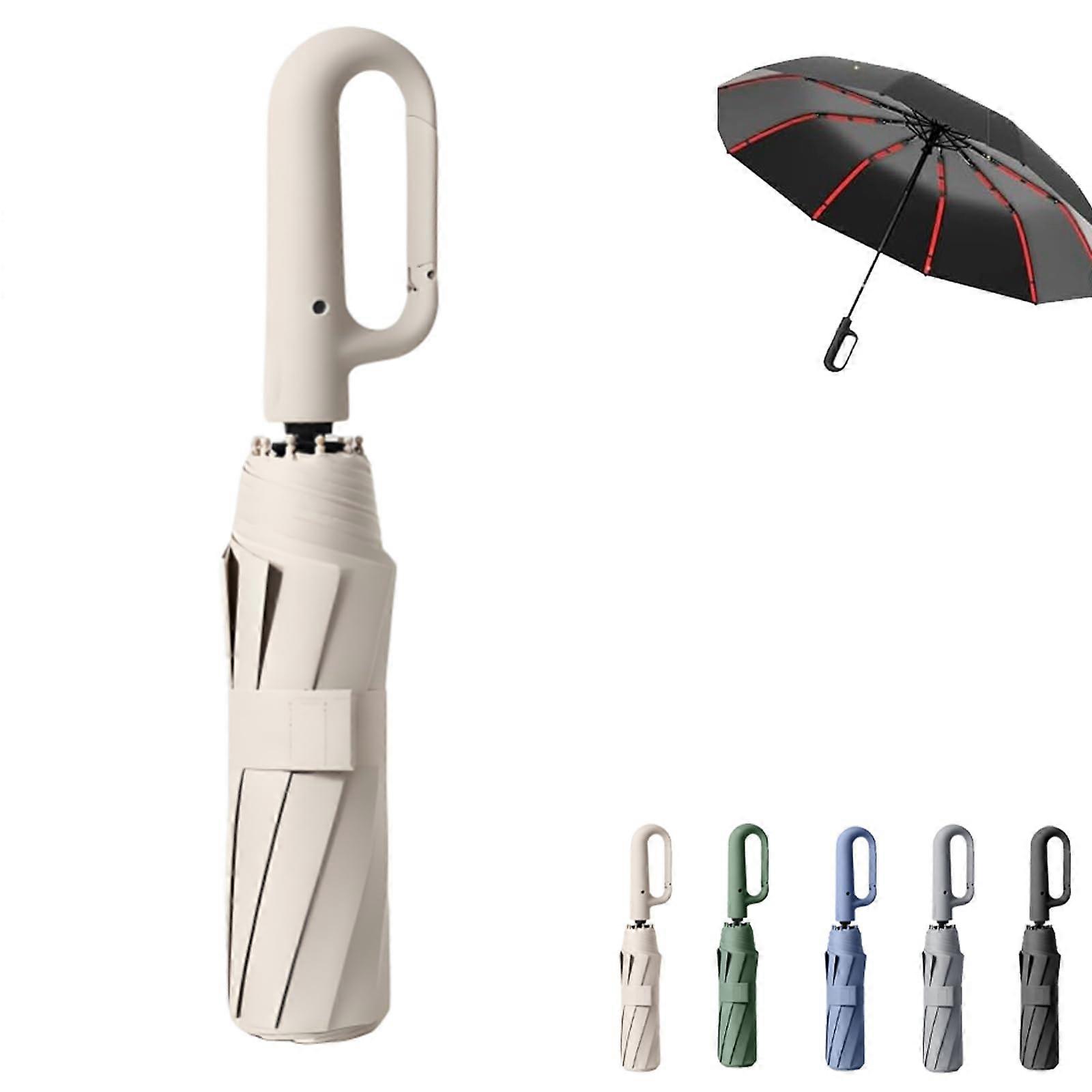 Automatic Inverted Folding Umbrella with 10 Ribs, Windproof Compact Travel Design, Beige