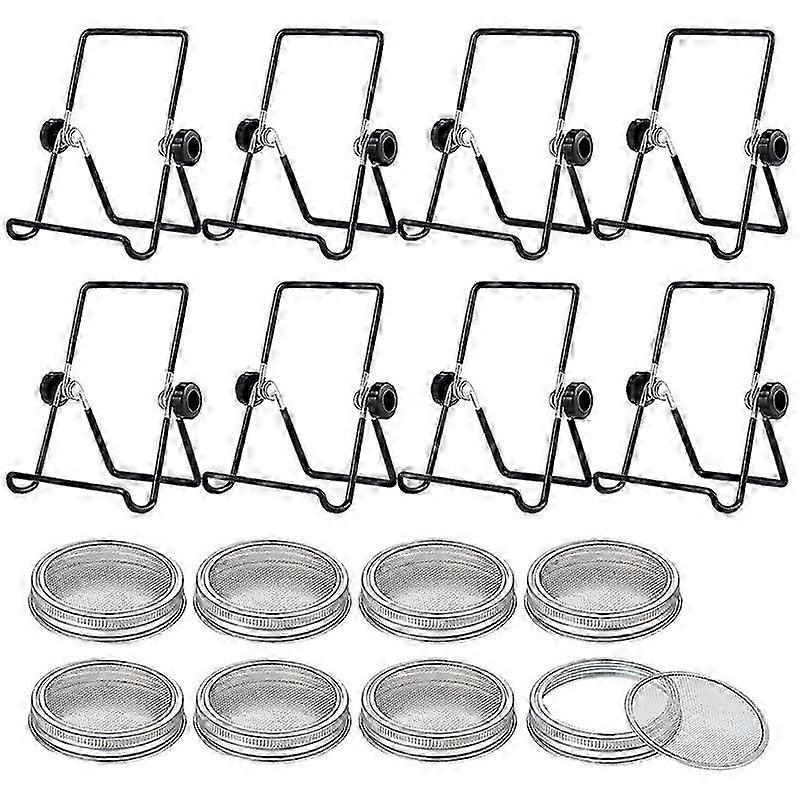 8 Sets Stainless Steel Sprouting Jar Kit with Movable Filter Lids and Foldable Stands for Broccoli Alfalfa Mung Bean Seeds Germination