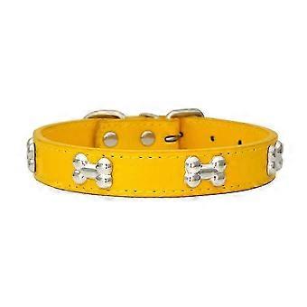 XYYC-Real Leather Bone Studded Dog Collar Comfortable Adjustable Size Collars for Small Medium Dog (M, Yellow)