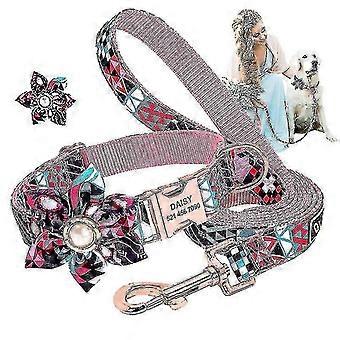 Personalized Flower Dog Collar With Rope- Floral Pattern Engraved Pet Collars With Personalized Gold Buckle