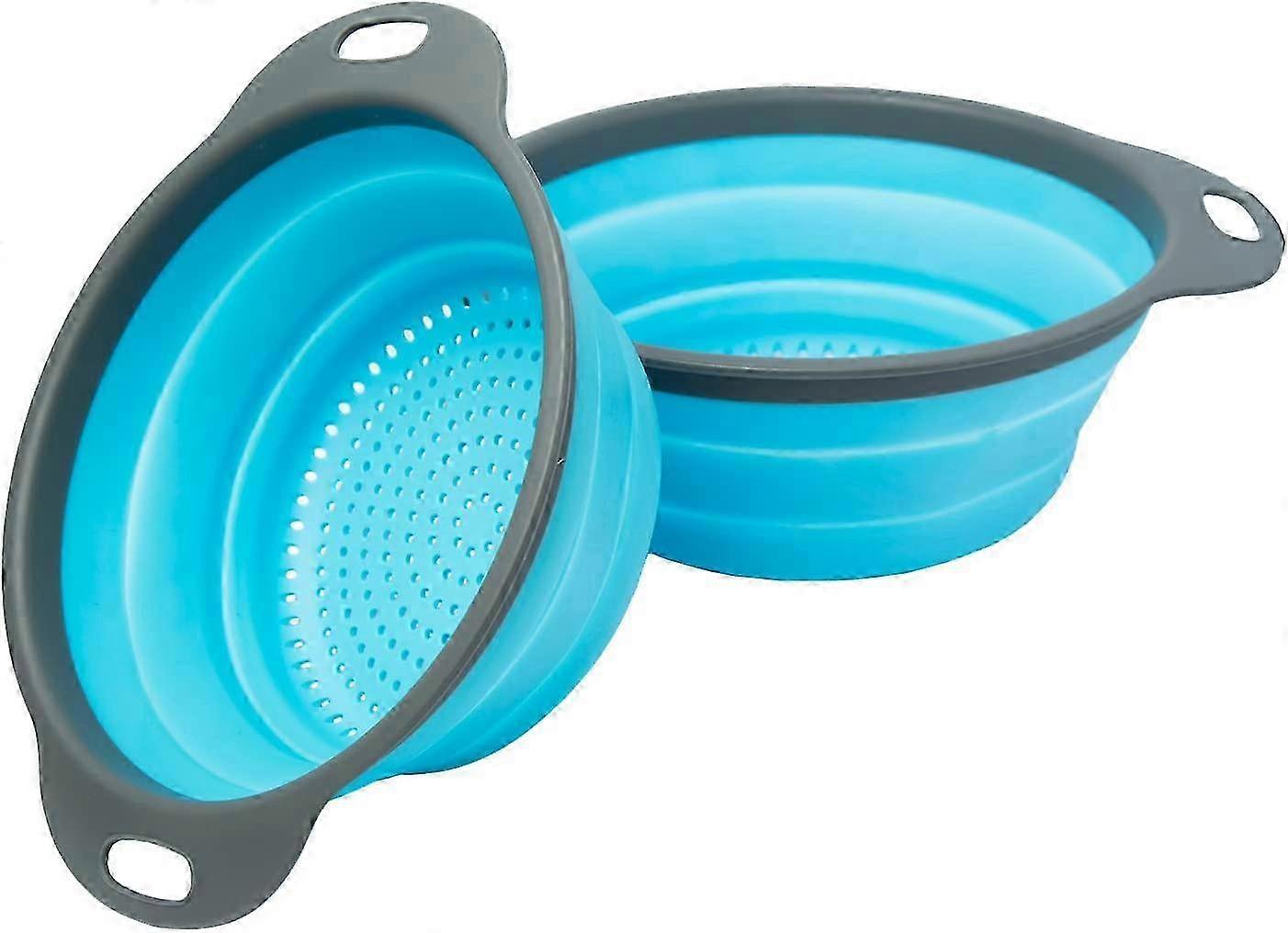 Colander Set - 2 Collapsible Colanders (Strainers) 2 Folding Strainers Sizes 8" - 2 Quart and 9.5" - 3 Quart Blue