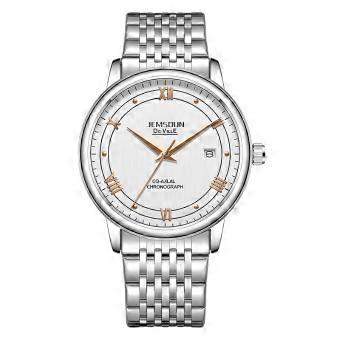 Men's Dress Watch White Dial Roman Numerals Gold Accents Steel Bracelet Date