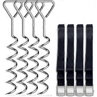 Heavy Duty Trampoline Anchor Kit, Corkscrew Steel Stakes with T Hook and Belt Straps, Set of 4, for Round and Rectangle Trampolines