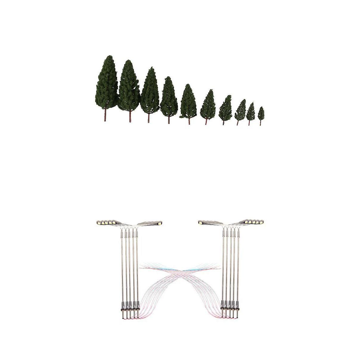 10X Double Head Street Light+20X Tower Shape Green Tree Models Train Railway