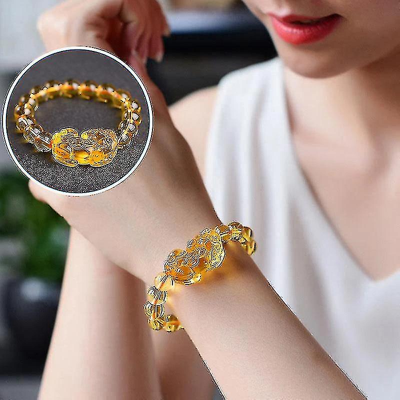 Feng Shui Citrine Pixiu Bracelet Clear Stone Glass Bead Wrist Jewelry With Ancient Lucky
