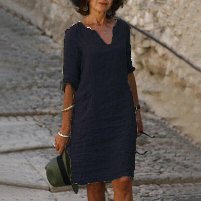 Naisten lyhythihainen puuvillainen pellavainen midimekko, yksivärinen v-aukkoinen, baggy-kuvioinen kesämekko-9