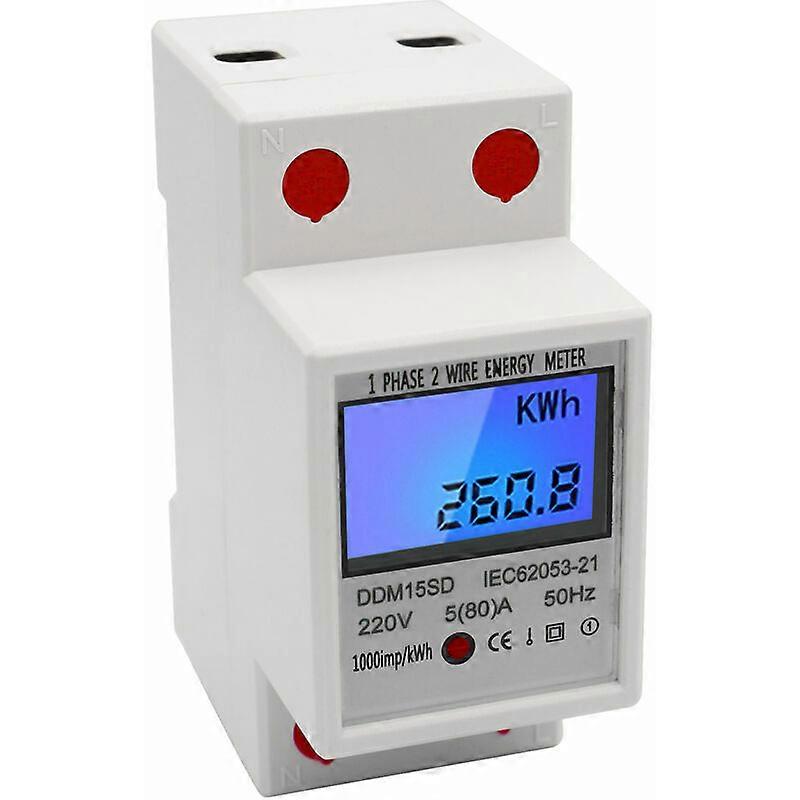 EDF Meter Single Phase DIN Rail Energy Meter 5-80A 220V 50Hz Electronic KWh Meter with LCD Backlight Digital Display DDM15SD, White - White
