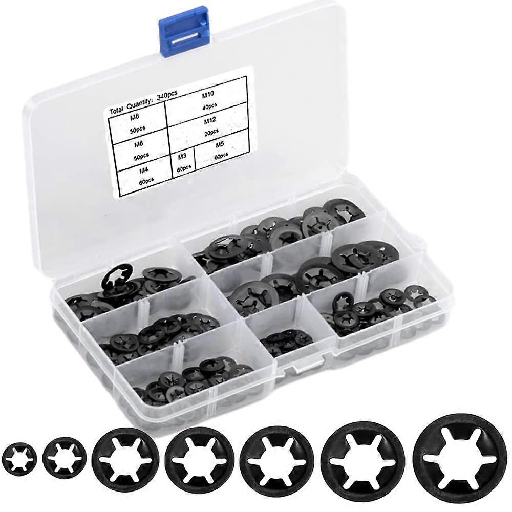 340pcs M3/M4/M5/M6/M8/M10/M12 Lock Washers with Box Starlock Inner Teeth Lock Washers Lock Washers Assortment Black