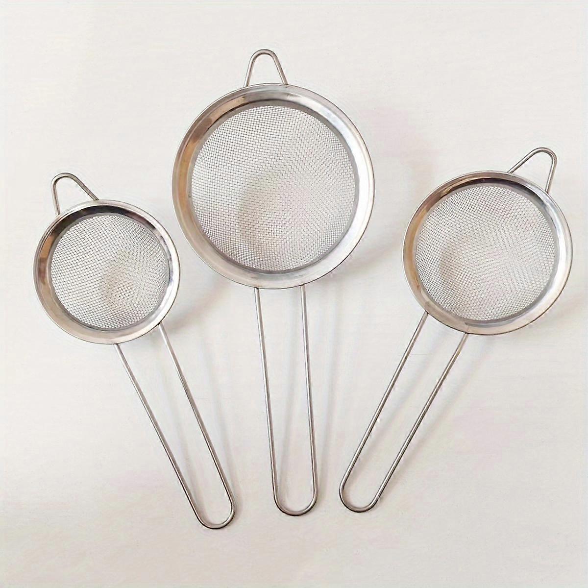 3pcs Set Stainless Steel Fine Mesh Strainers, Small, Medium, And Large Sizes With Sturdy Handle And Hook, Perfect For Juicing, Soy Milk, And More - Es