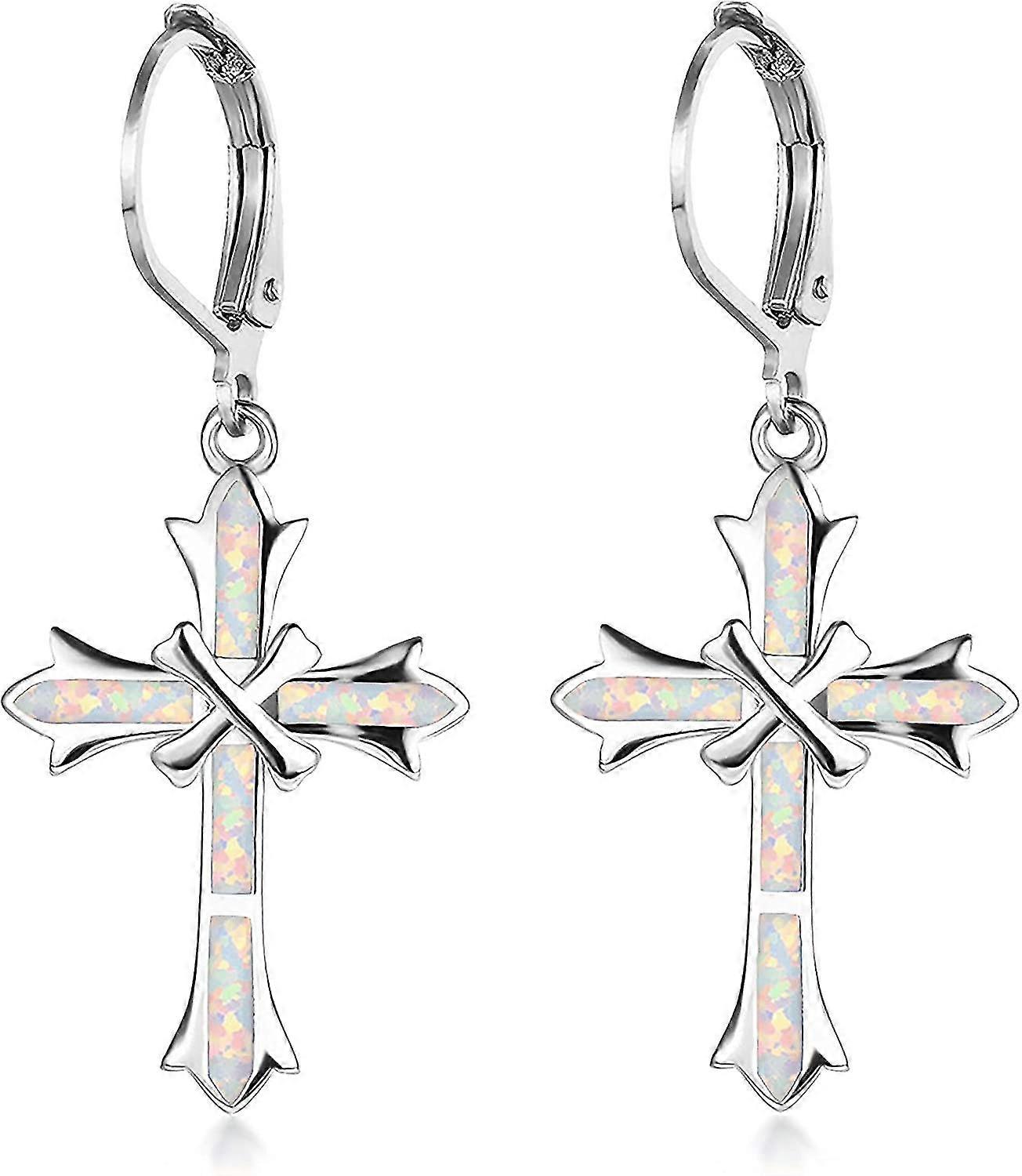 White Gold Plated Lady Drop Cross Vintage Opal Hook Gift