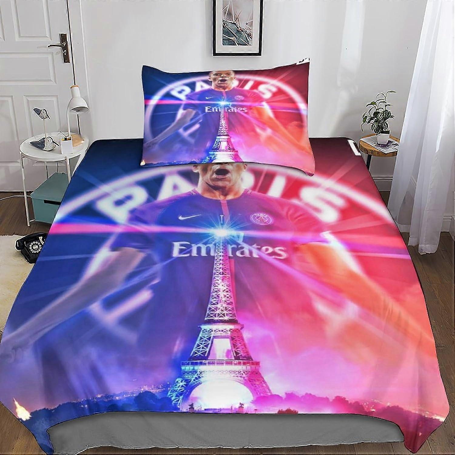 Mbape 3D Duvets and Bedding Sets with Pillowcase, Football Bedding Duvet Cover, 2 Pieces Microfiber Bedding with Zipper Closure Pillowcases Single