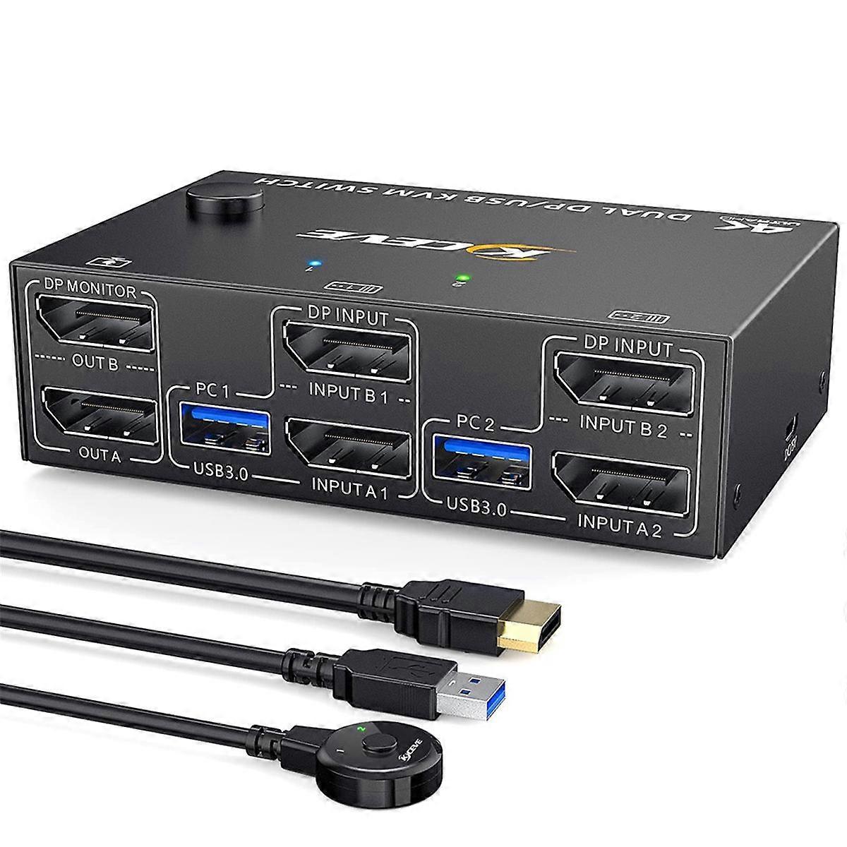 Przełącznik KVM Podwójny monitor DisplayPort, 4 porty USB3.0 dla 2 komputerów, przełącznik KVM 2 wejścia i wyjścia DP 1.4